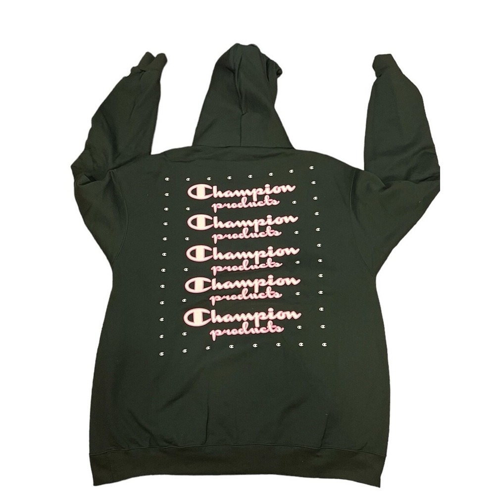 Champion Hoodie Men's Sz XL Green Pink Script Logo Back Hits Pullover Sweater